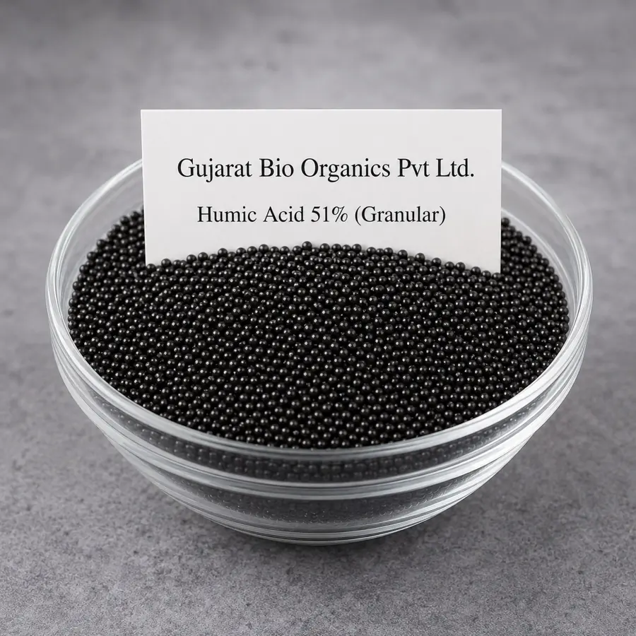Humic acid 51% granules in a glass bowl