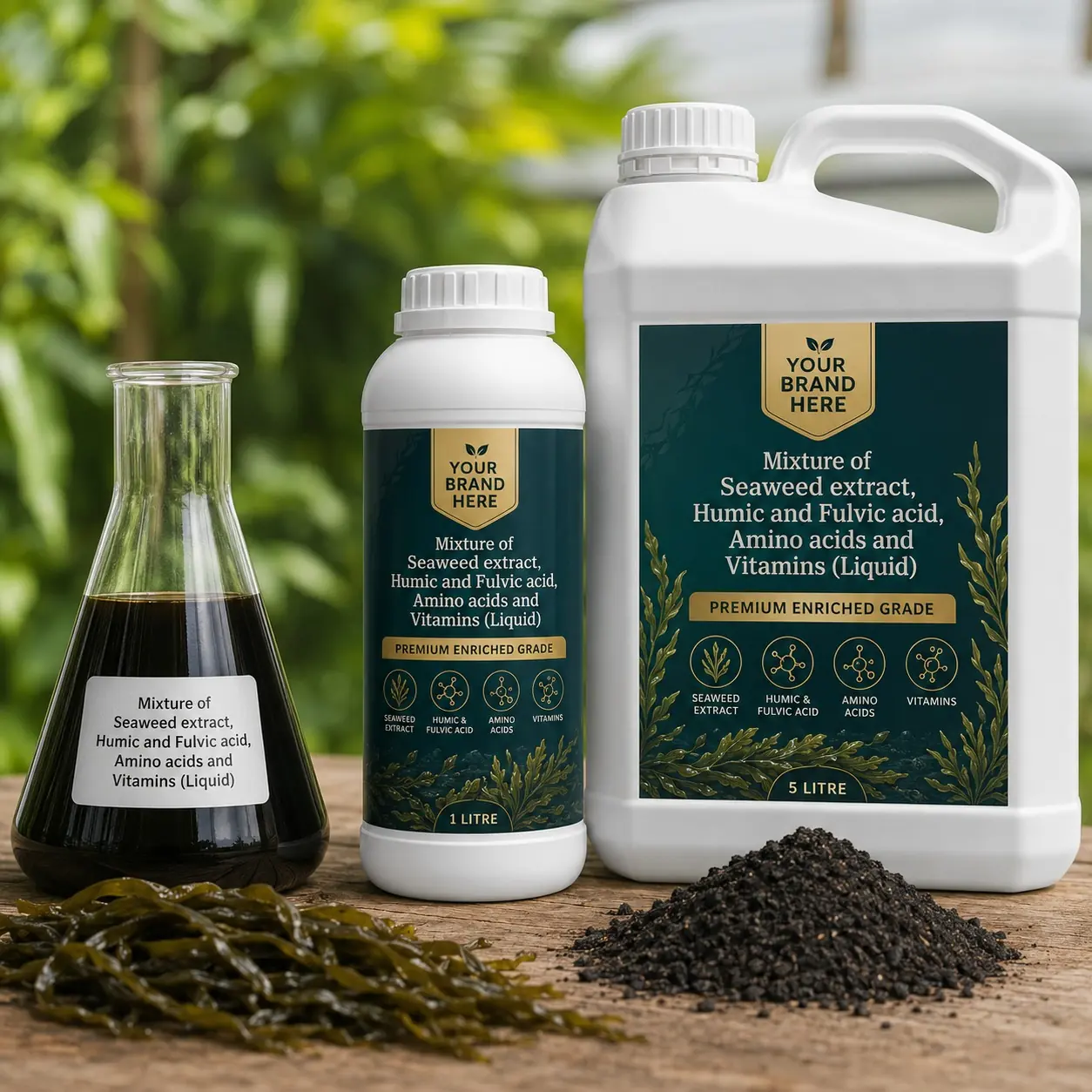Retail bottles of seaweed and humic liquid